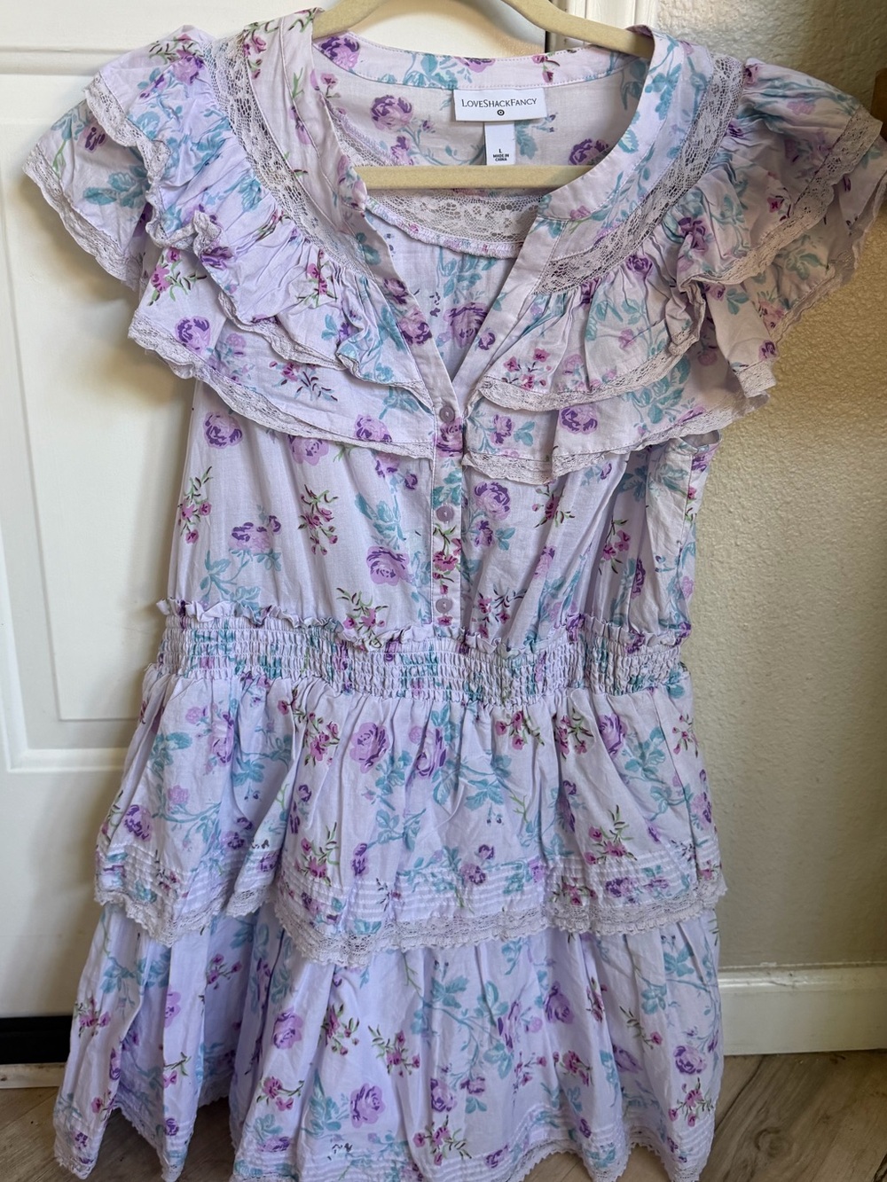 LoveShackFancy Lavender Floral Ruffle Mini Dress Size Large Cottagecore - Picture 2 of 8